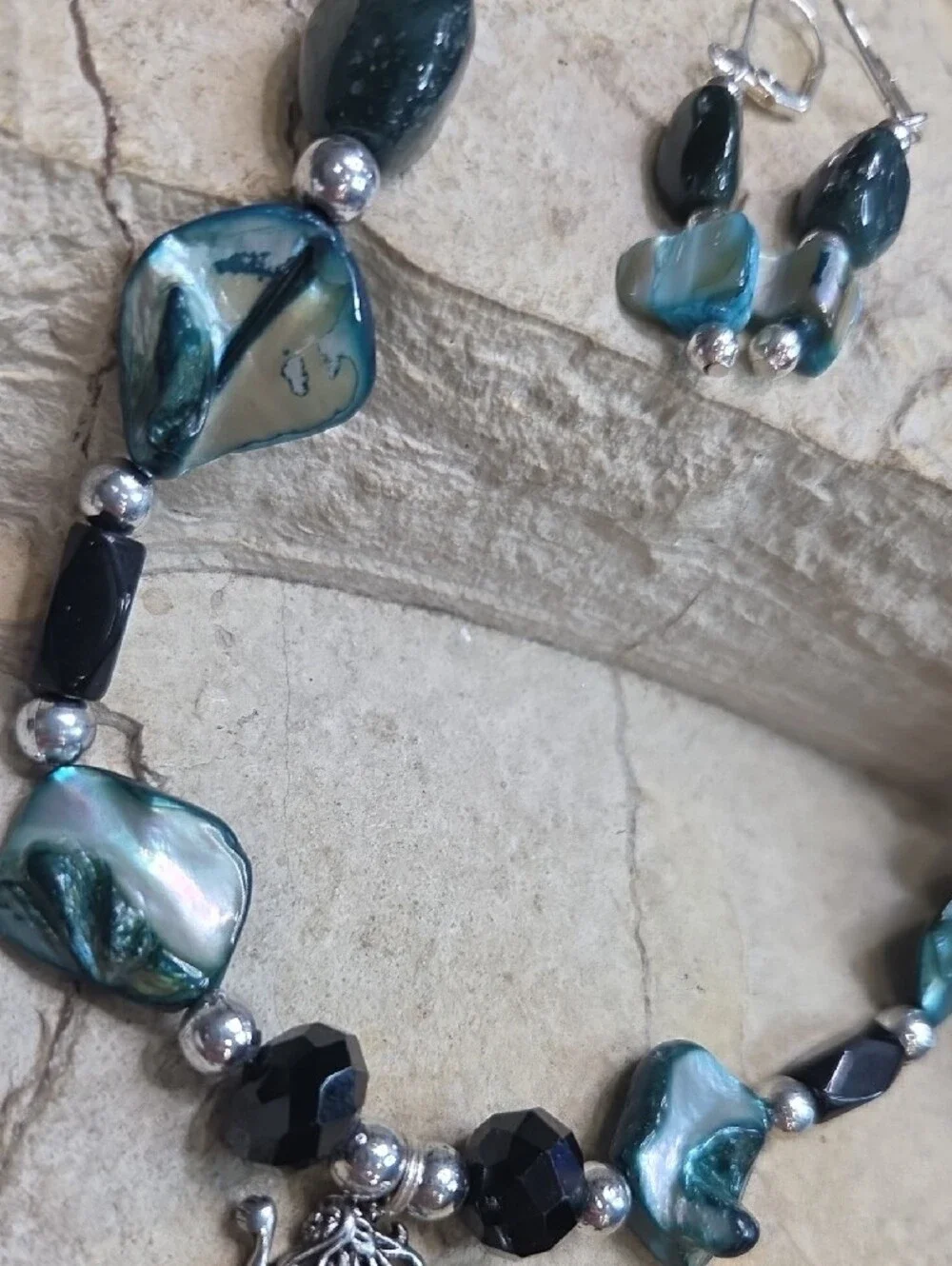 Handcrafted Teal Shell Bead Necklace & Earring Set with Silver Mermaid Charm